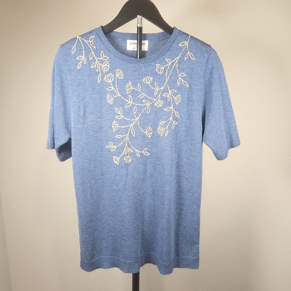 Alfred Dunner Knit Top‎ Women M USA Blue Floral Embroidered Cottagecore Vintage